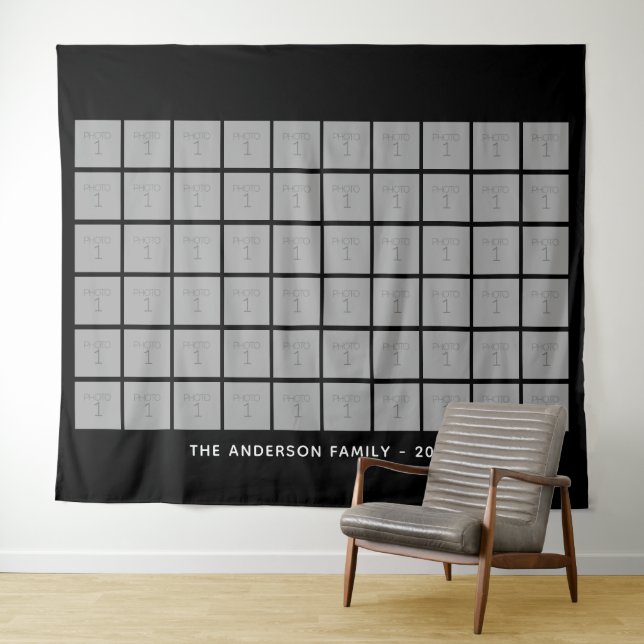 60 Square Photo Collage with Text - black Tapestry (In Situ (Horizontal))