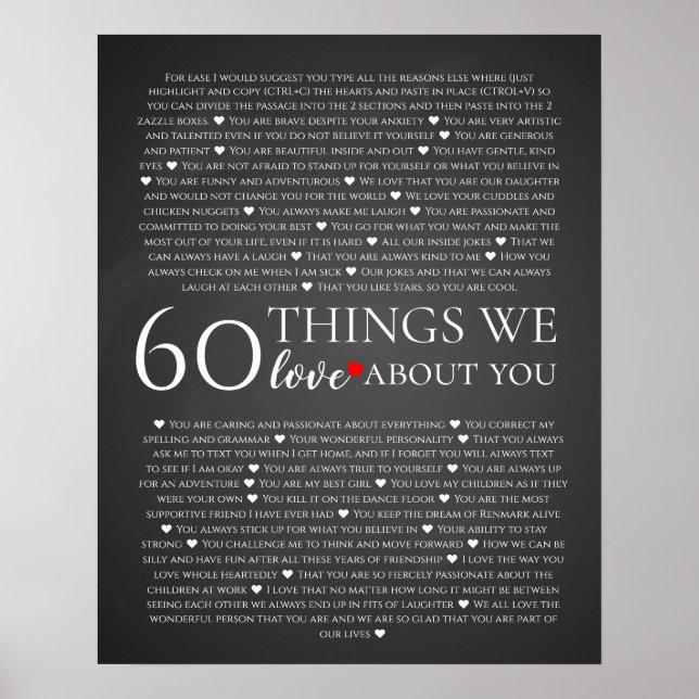 60 things we love about you, 70th 80th birthday poster (Front)