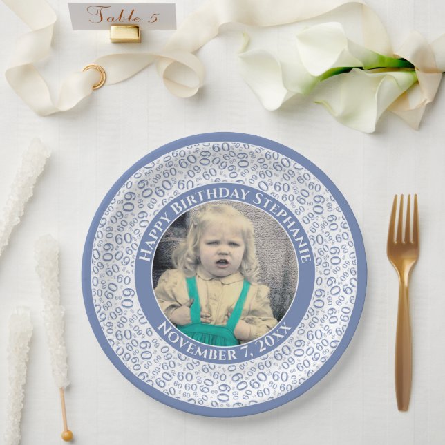 60 Your Photo Random Number Pattern Blue/White Paper Plate (Wedding)