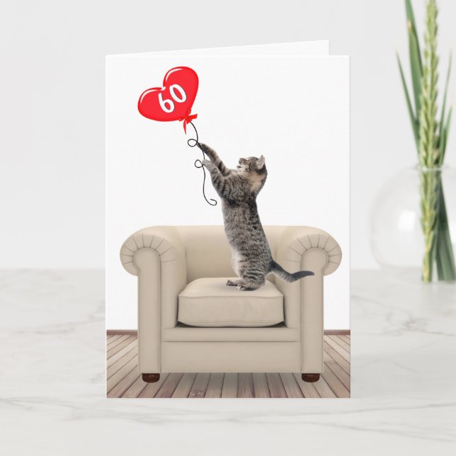 60e Anniversaire Chat Avec Carte Balloon Coeur (Devant)