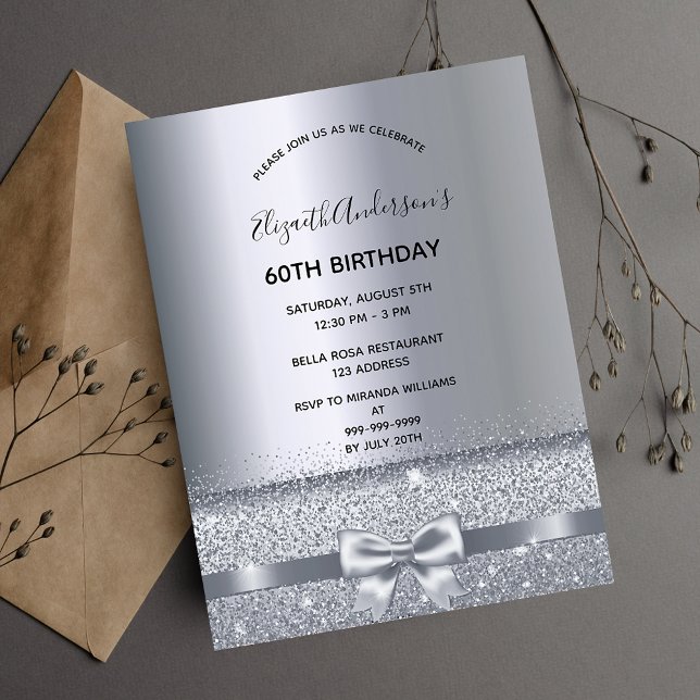 60e anniversaire fête argent étincelle invitation (Créateur téléchargé)
