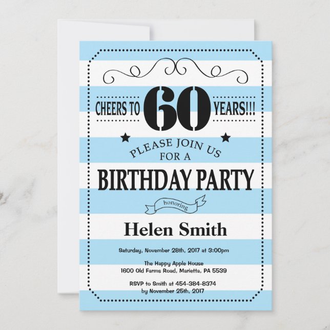 60e anniversaire Invitation Bleu et Blanc rayures (Devant)