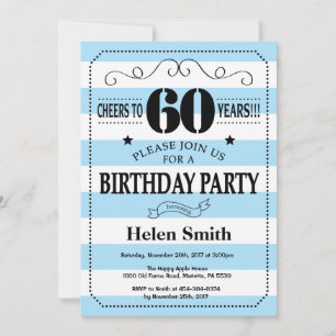 60e anniversaire Invitation Bleu et Blanc rayures
