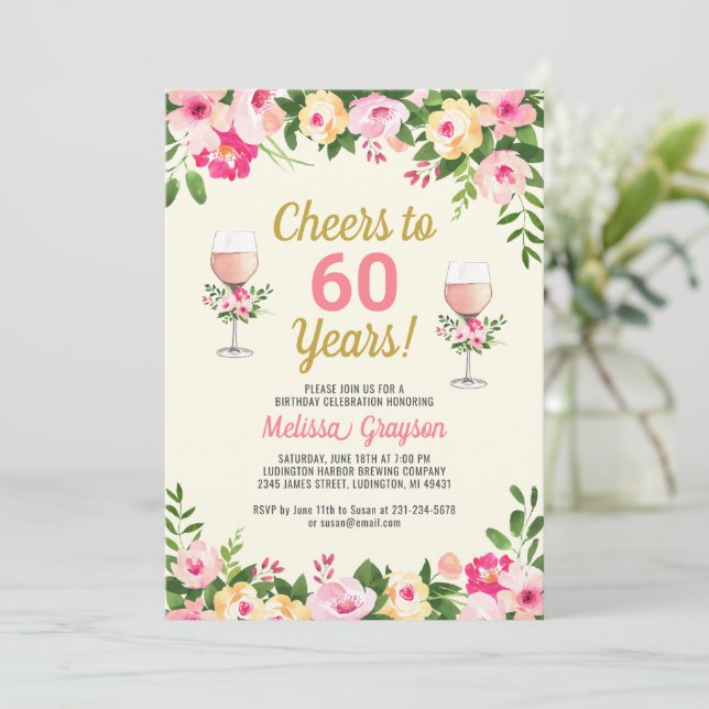 60e anniversaire Invitation Féminine Floral (Debout devant)