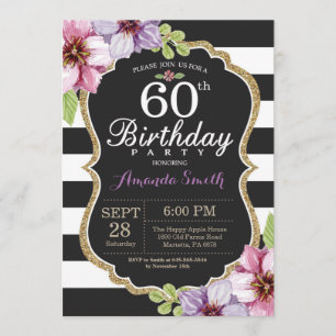 60e anniversaire Invitation Femmes. Or floral noir
