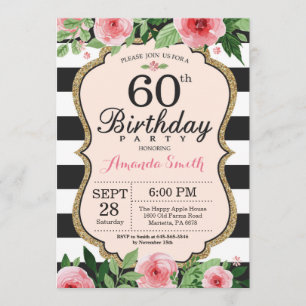 60e anniversaire Invitation Femmes. Or floral noir