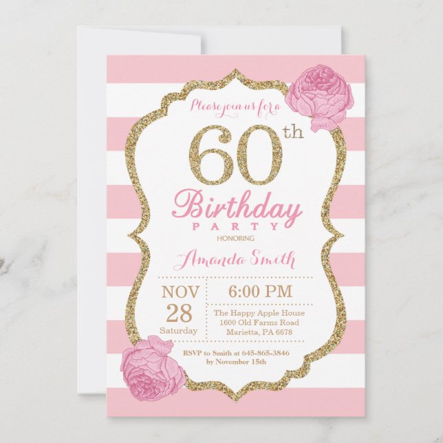 60e anniversaire Invitation Florale rose et or (Devant)