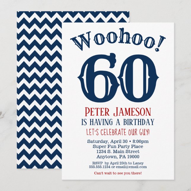 60e anniversaire Invitation Mens Marine Bleu (Devant / Derrière)