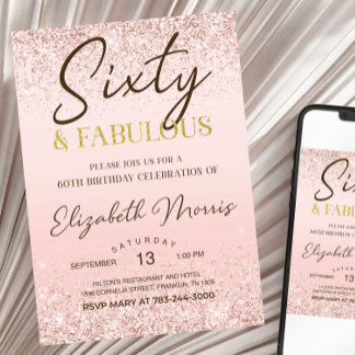60e anniversaire Invitation Rose imprimable Or soi