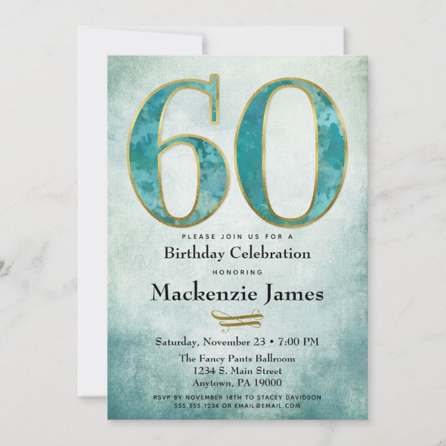 60e anniversaire Invitation Turquoise Blue Gold Ad (Devant)