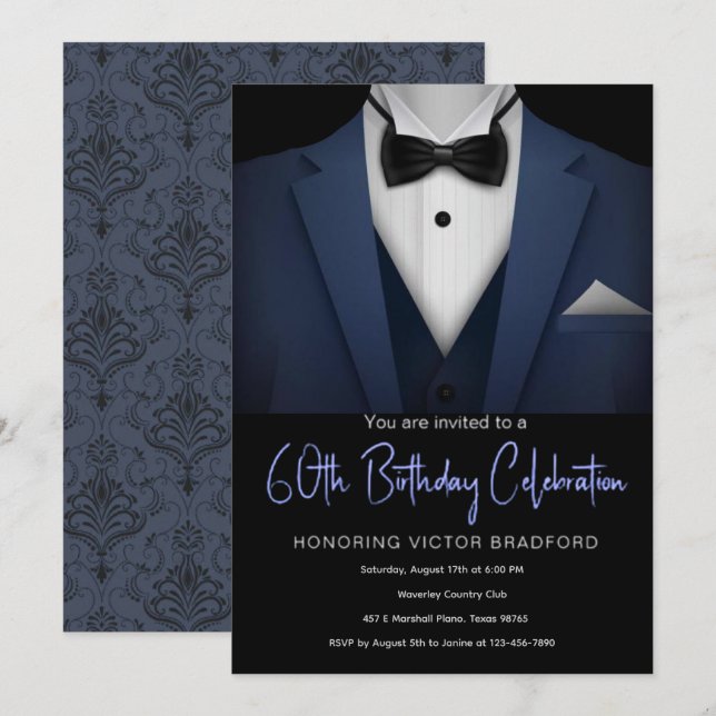 60e anniversaire invitation Tuxedo bleu et noir (Devant / Derrière)