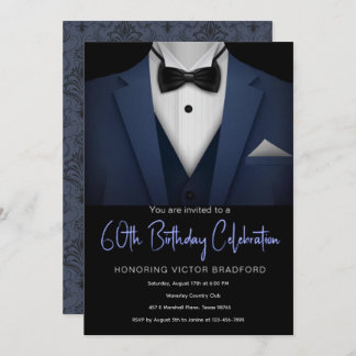 60e anniversaire invitation Tuxedo bleu et noir