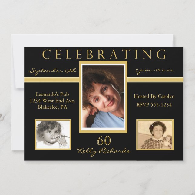 60e anniversaire Invitations de photos triples (Devant)