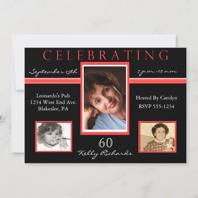 60e anniversaire Invitations photo triples Noirs e (Devant)