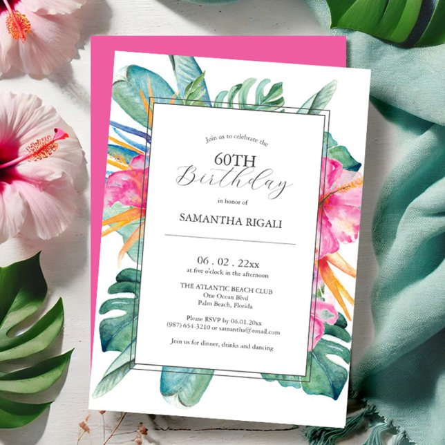 60e anniversaire Invitations Tropical Luau (60th birthday invitations for her tropical floral palm leaf art Victoria Grigaliunas DoTellABelle)