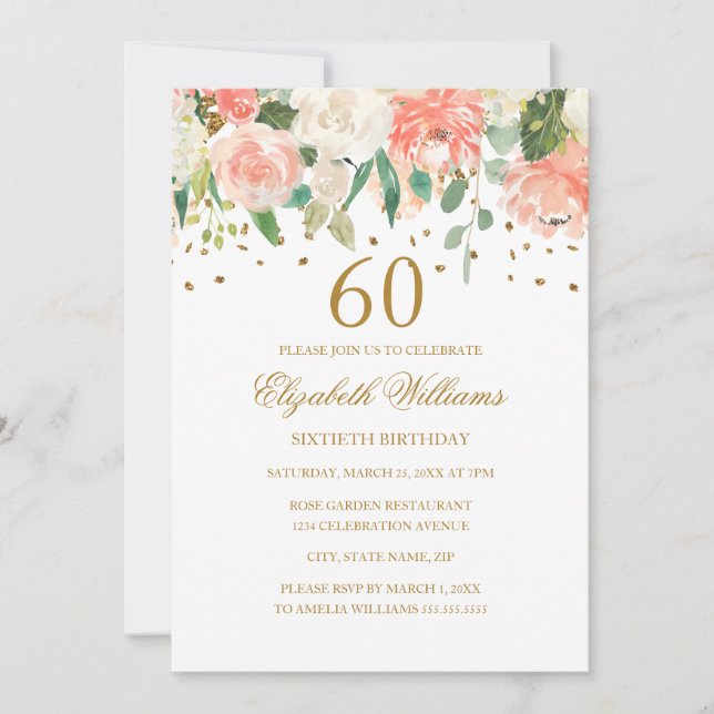 60e anniversaire Peach Gold Floral Invitation (Devant)