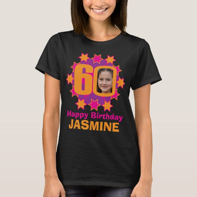 60e anniversaire photo nom étoile rose T-shirt (Devant)
