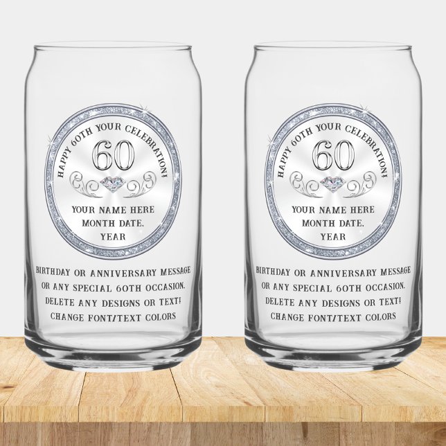 60e anniversaire présent pour mari, papa, fils, Lu (60th birthday glass for her, or him. Personalized Can Shaped Drinkware. Unique 60th birthday gifts. )