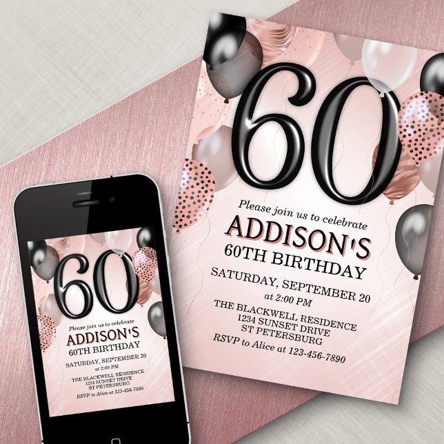 60e anniversaire Rose Gold Ballons Invitation (Créateur téléchargé)