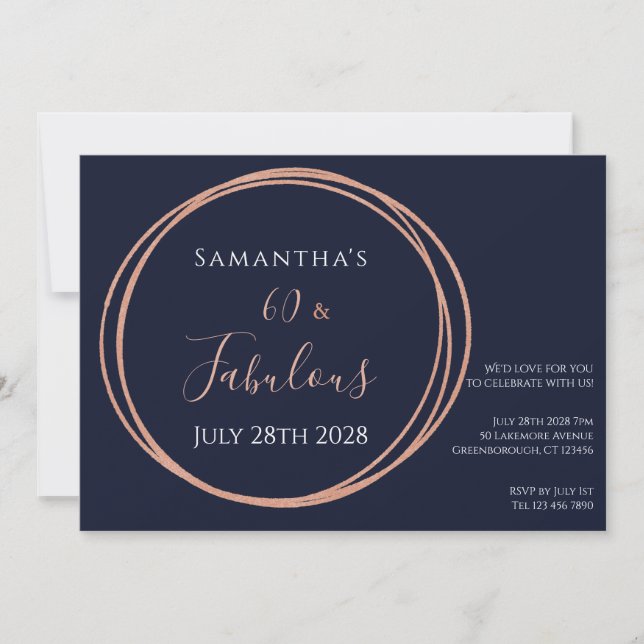 60e anniversaire Rose Gold Navy Party Invitation (Devant)