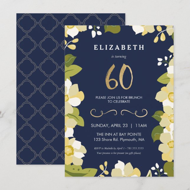 60e Invitation d'anniversaire, Fleurs élégantes av (Devant / Derrière)