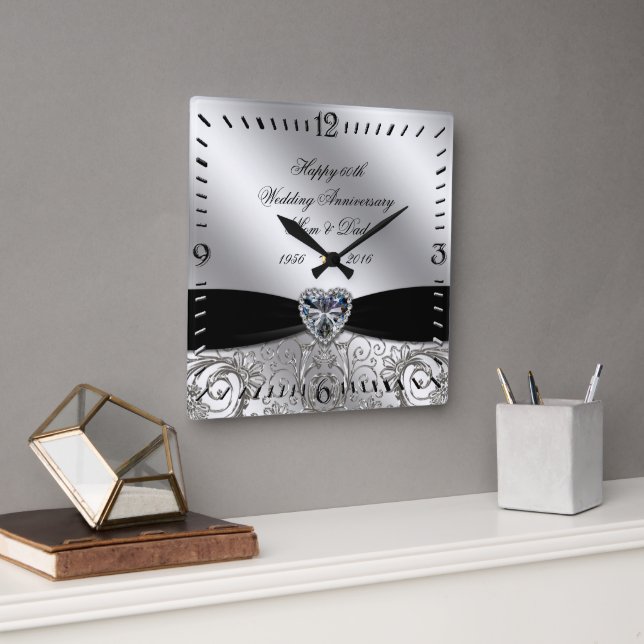 60e Mariage diamant Anniversaire Carré Horloge mur (Bureau)