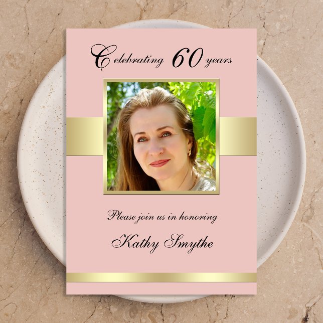 60e Rose Gold Photo Anniversaire Fête Invitation (Créateur téléchargé)