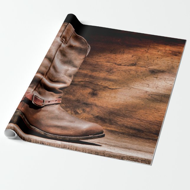 60lb Wrapping Paper Roll Cowboy Boots Barn Wood Ru (Unrolled)