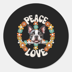 60s 70s Groovy Peace Love Boston Terrier Lovers Classic Round Sticker