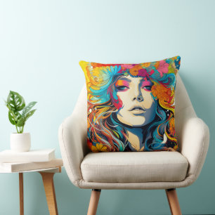 60s 70s Hippy Woman Psychedelic Hippie Throw Pillow