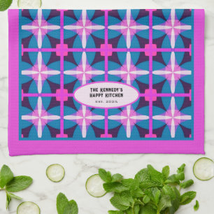 60s Abstract Pink Blue Floral Kaleidoscope Design  Kitchen Towel