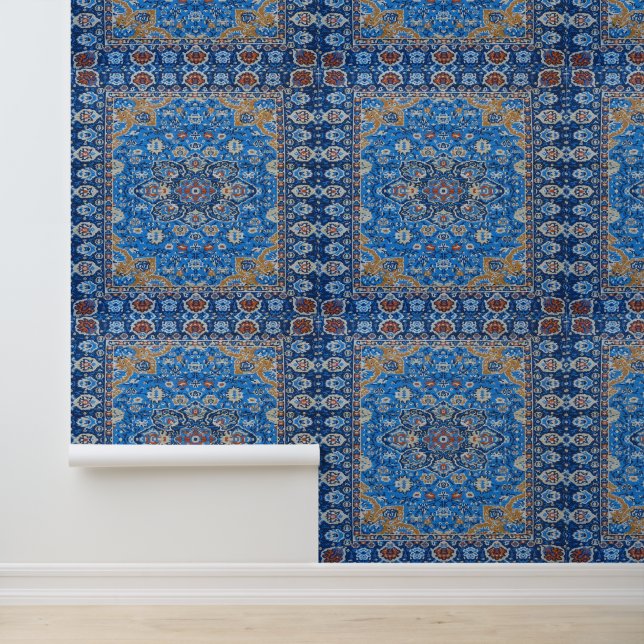 60s Blue Turkish Persian pattern peel and stick Wallpaper (Application)