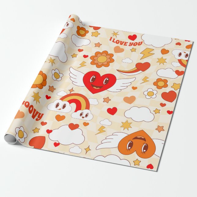  60s groovy pop art valentine rainbow cloud angel wrapping paper (Unrolled)