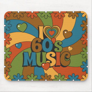 60s Music Hearts Waves and Flowers in Retro Colors Mouse Pad