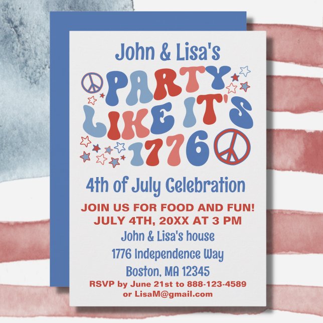 60s Retro Groovy 4th of July Party Invitation  (Groovy invitation for your 4th of July bash. )