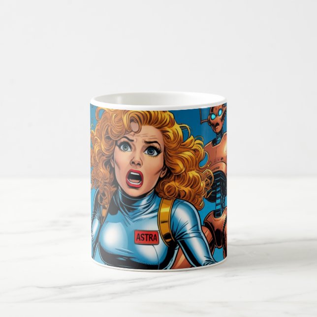 60s Scifi Woman running from Alien Robot Coffee Mug (Center)
