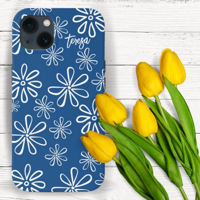 60s Vibe Retro White and Blue Floral  Case-Mate iPhone Case (Creator Uploaded)