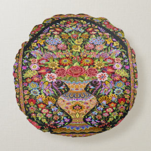 60s Vintage Persian Turkish Floral Flower Kilim Round Pillow
