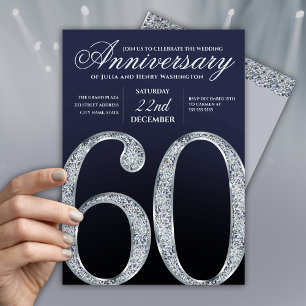 60th Anniversary Diamond Silver Navy Blue Modern Invitation