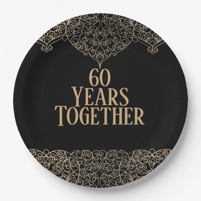 60th Anniversary Gold Lace On Black  Paper Plate (Front)