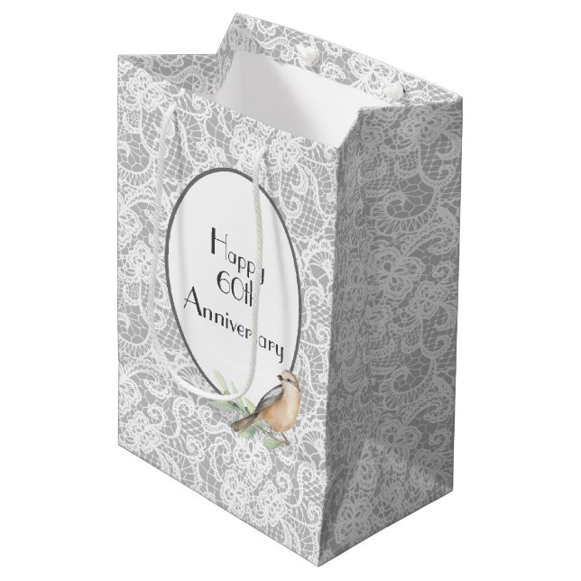 60th Anniversary Lace on Silver Medium Gift Bag (Front Angled)