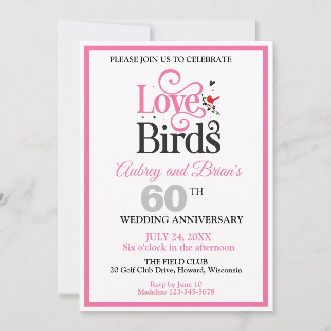 60th Anniversary Love Birds Personalized Invitation (Front)
