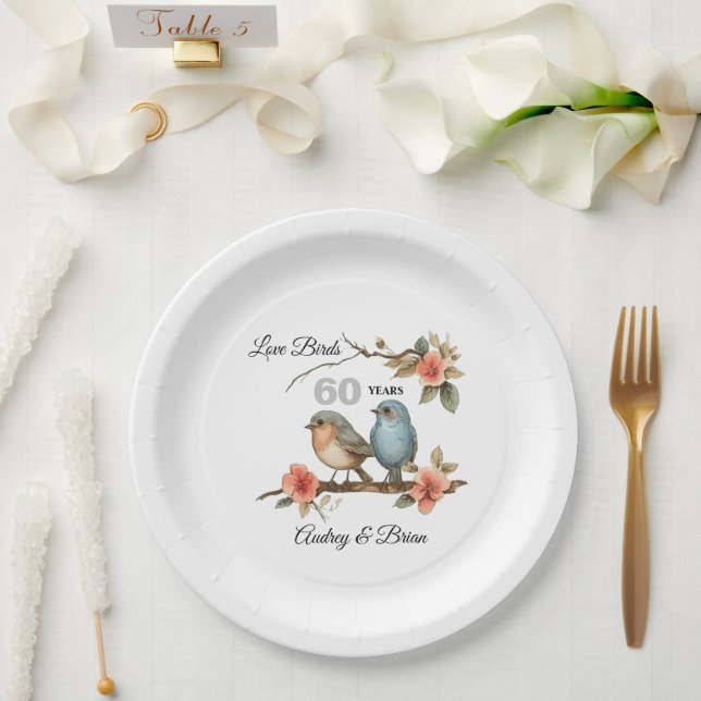 60th Anniversary Love Birds Personalized Paper Plate (Wedding)