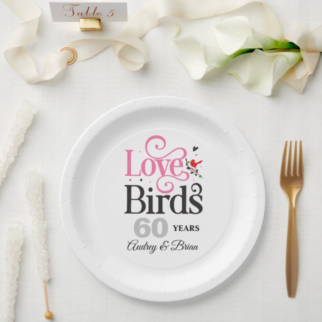 60th Anniversary Love Birds Personalized Paper Plate (Wedding)