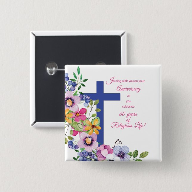 60th Anniversary, Nun, Religious Life Cross 2 Inch Square Button (Front & Back)
