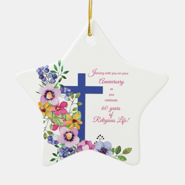 60th Anniversary, Nun, Religious Life Cross Ceramic Ornament (Front)