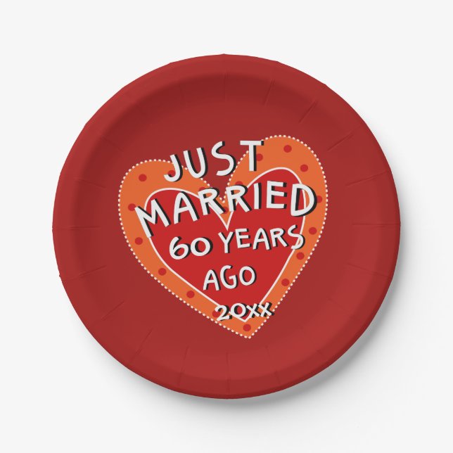 60th Anniversary or Any Year Fun Red Heart Party Paper Plate (Front)