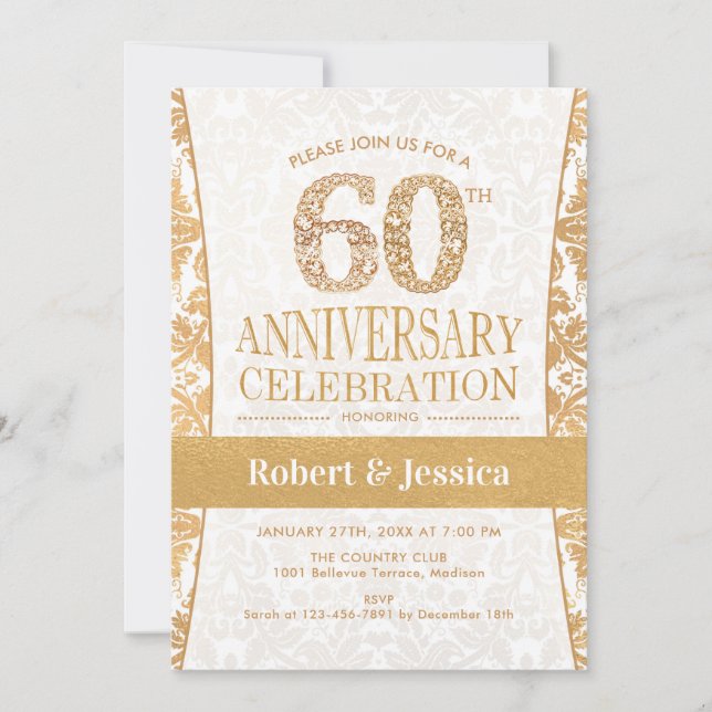 60th Anniversary Party - Gold White Invitation (Front)