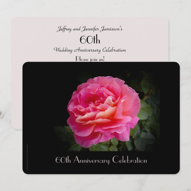 60th Anniversary Party Invitation Single Pink Rose (Front/Back)