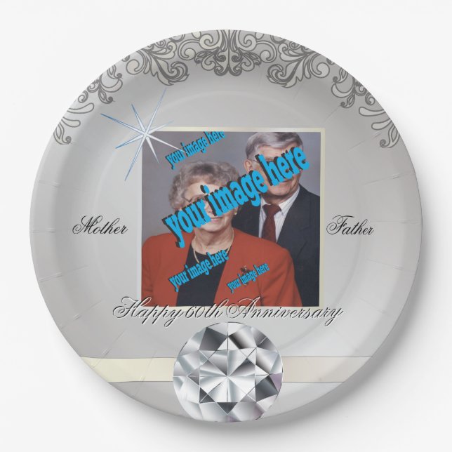 60th Anniversary Personalized Diamond Monogram  Paper Plate (Front)